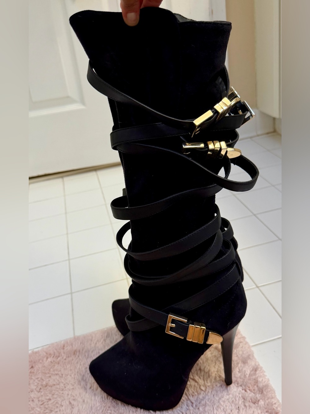 bebe Black Suede Wrap-Strap Stiletto Knee Boots with Gold Accents